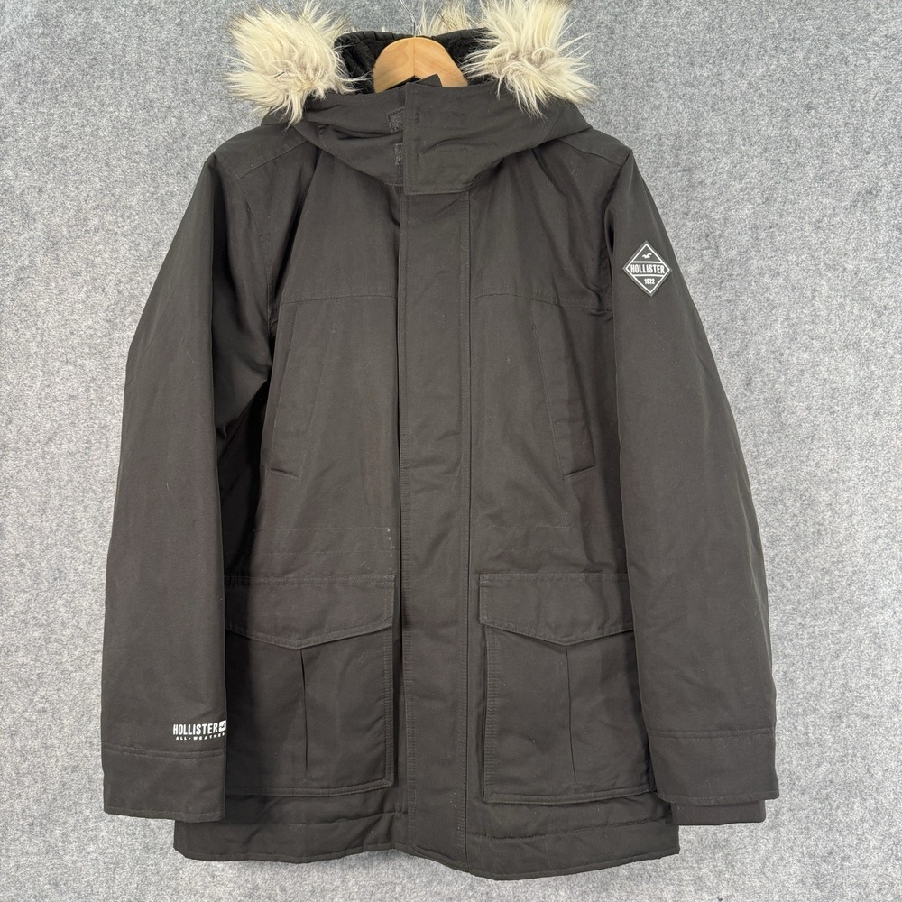 Hollister All-Weather Faux Fur Hooded Men's Jacket Coat Sz L Black Lined‎ Heavy
